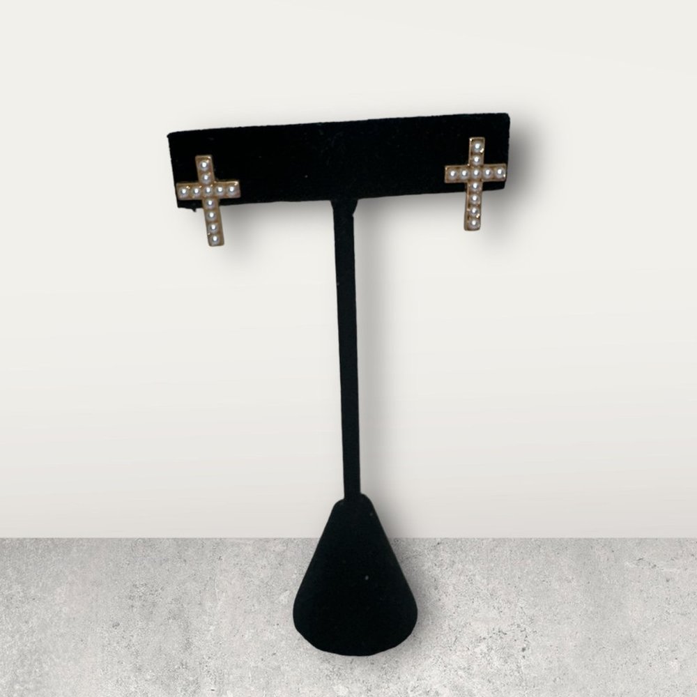 Dainty Gold and Pearls Cross Earrings